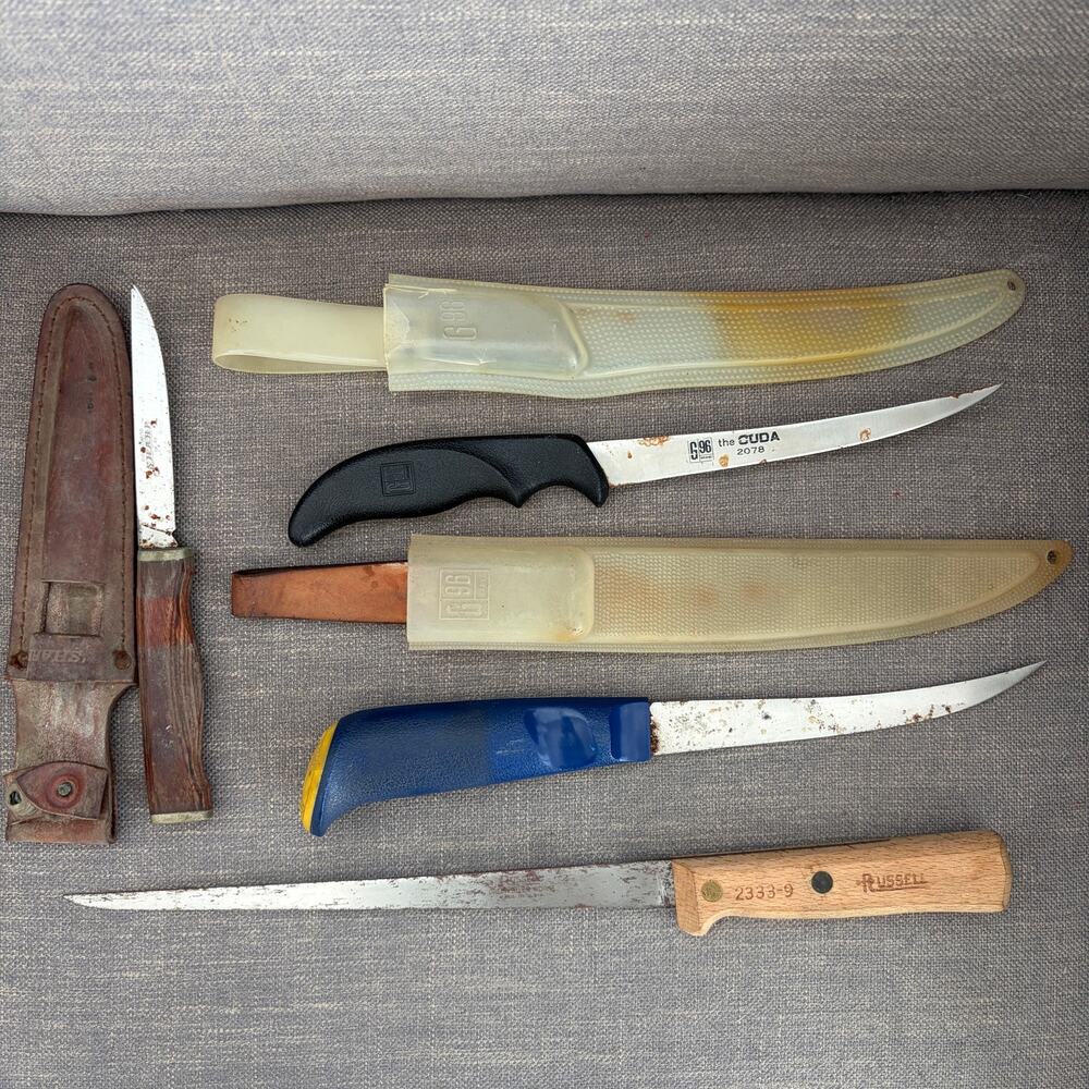 Vintage Hunting / Fishing Knives Sharp Brand, G96 Cuda #2078, G96 #2075, Russell